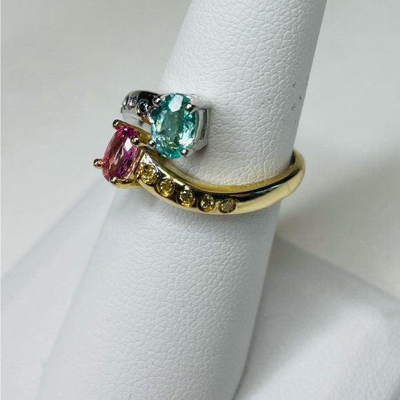 Paraiba and Pink Sapphire Ring with Blue and Yellow Diamonds Size 6.5 - Picture 5 of 6